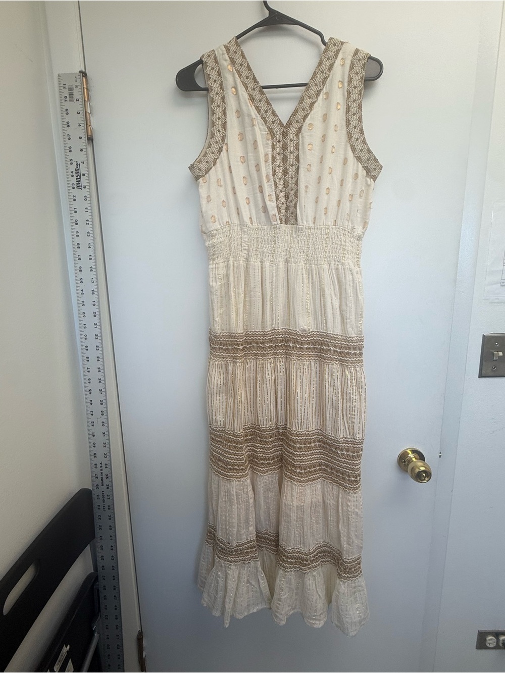 Sleeveless Cream Boho Maxi Dress with Brown Trim - Picture 2 of 5